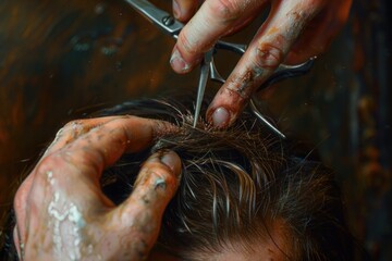 Naklejka premium barber's hands cutting hair with scissors
