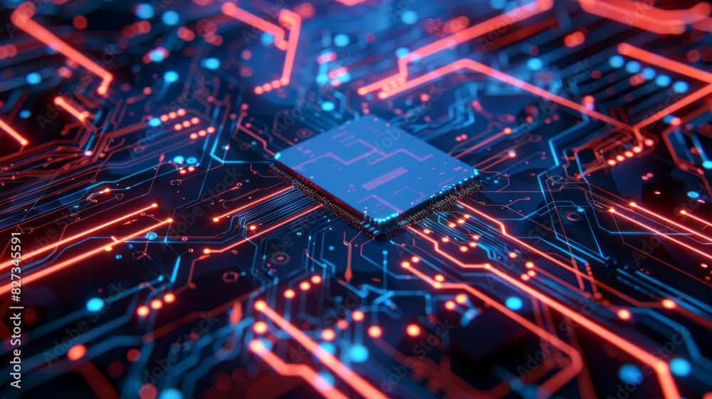 Poster A computer chip is shown in a blue and red color scheme