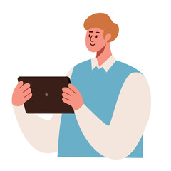 Man holding a tablet in his hands, working online, freelance concept. Office worker, businessman, online consultations illustration. Flat vector style. Isolated on a white background