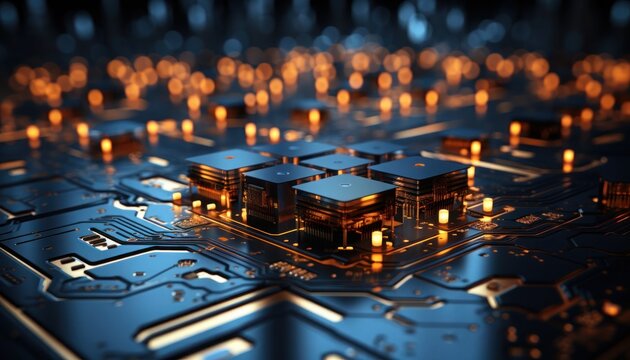 High-tech circuit board glowing with an array of integrated circuits and electronic components. Tech innovation in the realm of digital technology and software development.