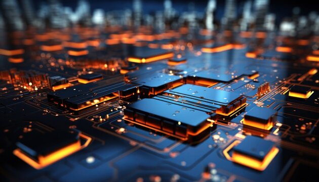 High-tech circuit board glowing with an array of integrated circuits and electronic components. Tech innovation in the realm of digital technology and software development.