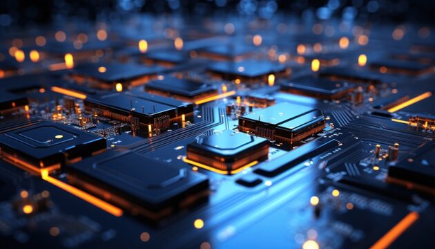 High-tech circuit board glowing with an array of integrated circuits and electronic components. Tech innovation in the realm of digital technology and software development.