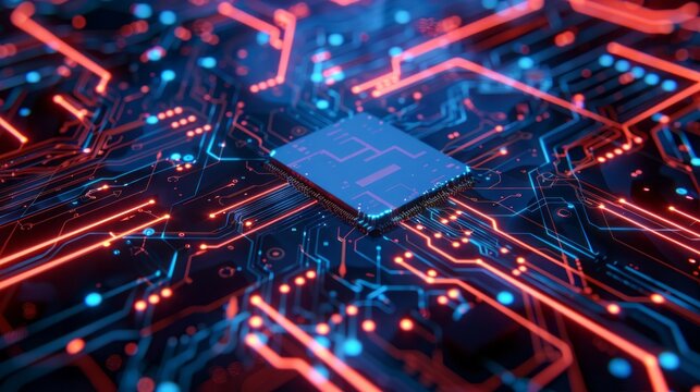 A computer chip is shown in a blue and red color scheme