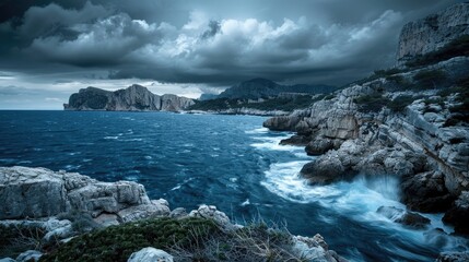 Dramatic rocky seascape under low clouds and blue sea with dark coastlines in cinematic cloudy weather
