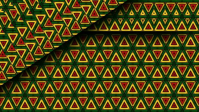Transverse movement of the rectangle up and down. Seamless abstract background red yellow green triangle pattern as greeting card concept and video opening.