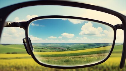 Closeup eyeglasses looking to the field landscape