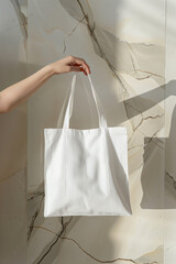 white mock-up bag,blank white tote bag mockup, with no wrinkles or creases on the front of the canvas fabric texture, on display in a minimalist.