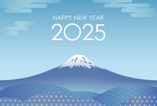The Year 2025 New Year’s Greeting Card Vector Template With Blue Sky And Mount Fuji Decorated With Vintage Japanese Patterns.