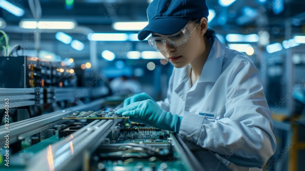 Poster a woman in a lab coat is working on a computer chip