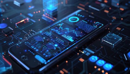 Fototapeta premium A smartphone displaying an AI data visualization with digital charts and graphs