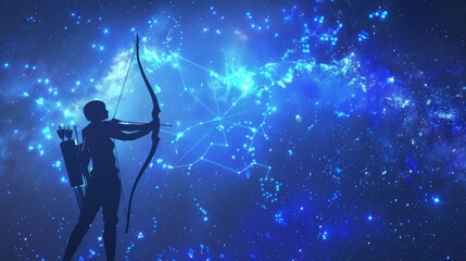 Sagittarius horoscope sign in twelve zodiac with galaxy stars blue background.