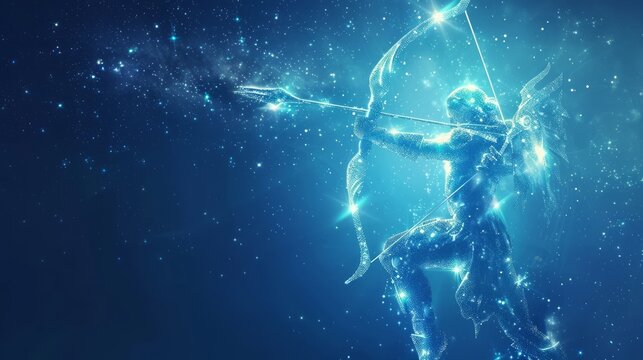 Sagittarius horoscope sign in twelve zodiac with galaxy stars blue background.
