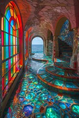 A colorful stained glass window illuminates a hallway with a mosaic floor, leading to a doorway with a view of the ocean.