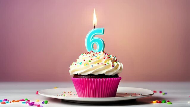 Birthday cupcake with lit birthday candle. Number six for six years or sixth anniversary.