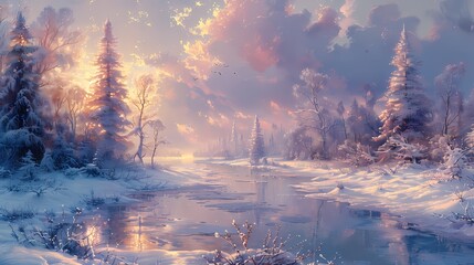 tranquil winter landscape where the snow is tinged with soft fluffy hues of pastel blue and lavender