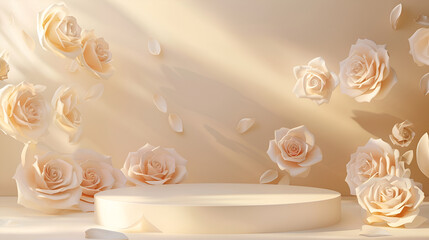 Roses on the podium presented.stand for cosmetic products. Stage showcase on pedestal 3d studio. pink white background,Wedding background. Luxurious background design. In delicate shades
