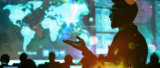 teacher technology close up, focus on, copy space, using smartboard, double exposure silhouette with digital devices