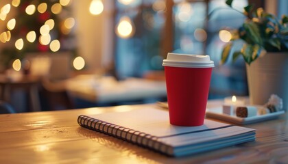 A red paper coffee cup is placed on a notebook. There is a plant and a candle on the table. The background is blurred with bokeh lights.