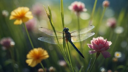 Dragonfly perches amidst a field of colorful blooms.