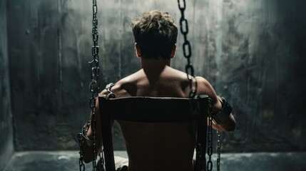 A man is chained to a chair in a dark room