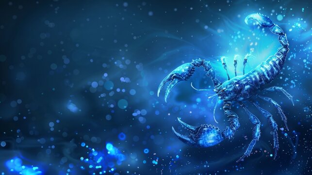 Scorpio horoscope sign in twelve zodiac with galaxy stars blue background.