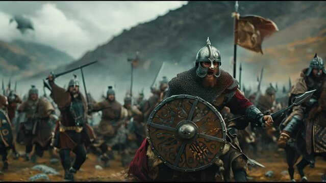 A medieval knight in armor leading a battle charge