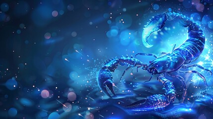 Scorpio horoscope sign in twelve zodiac with galaxy stars blue background.
