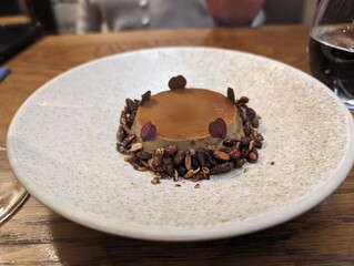 Chocolate-based desert from a tasting menu in a fine dining restaurant.