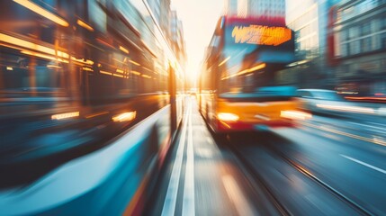Close up of city bus in motion on urban highway with blurred buildings background