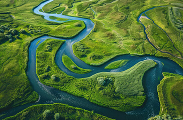 Aerial view of green meadows with winding rivers, forming an intricate pattern in the center of frame