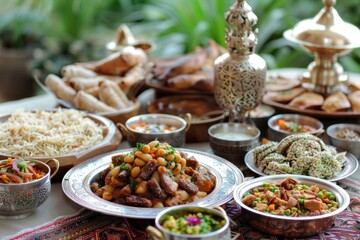 Lavish spread of middle eastern dishes, beautifully displayed on an ornate table setting