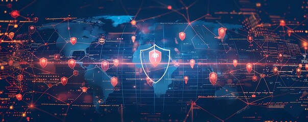 Picture a flat design of a cyber defense shield over a global network