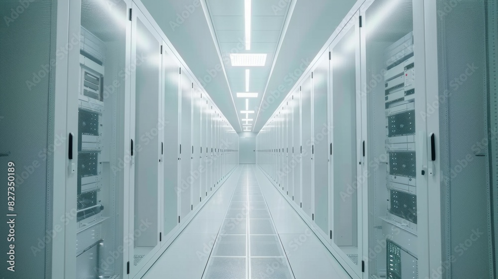 Poster a long hallway with many white computer servers
