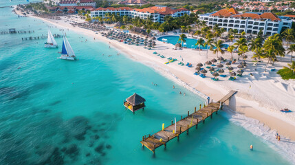 An aerial view of Aruba's famous beach, Ko Beach in Palm Beach, showcasing the white sandy shore and turquoise waters