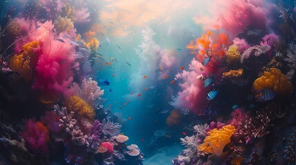 vibrant coral reef with fish swimming through soft liquid hues