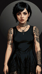 a girl with a gothic style and short black hair in a black t-shirt
