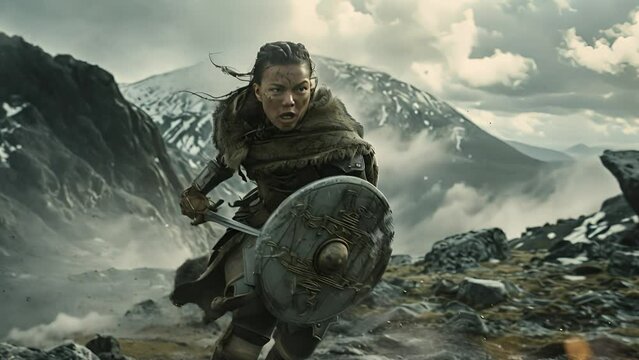 A warrior in battle wears armor and wields a shield, surrounded by mountains, creating an epic fantasy scene