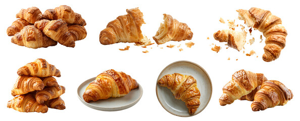 Croissant French bread on transparent background cutout, PNG file. Many assorted different design angles, stack, broken, plate, top view. Mockup template for artwork