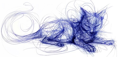 Hand Sketching Blue Cat on White Background. Generative AI