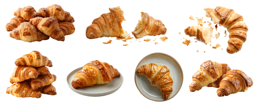 Croissant French bread on transparent background cutout, PNG file. Many assorted different design angles, stack, broken, plate, top view. Mockup template for artwork - Powered by Adobe