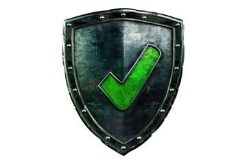 Shield icon with green tick isolated on transparent background.