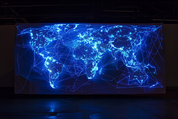 An illuminated world map in the photo, adorned with glowing lines and dots, captures the essence of digital connections spanning across the globe, reflecting the interconnected nat