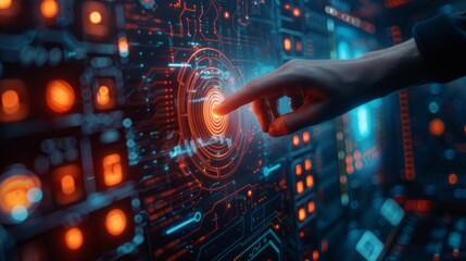 A hand is pointing at a glowing circle on a computer screen