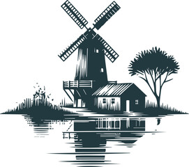Vintage windmill in vector drawing