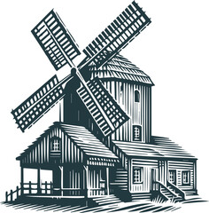 Vector stencil of an ancient mill