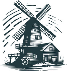 Antique watermill in vector stencil design