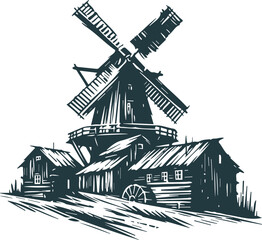 Classic mill in vector stencil artwork