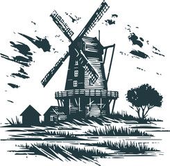 Traditional mill in vector stencil illustration