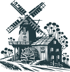 Vector artwork of a rustic countryside windmill