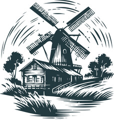 Old-fashioned mill in vector stencil style